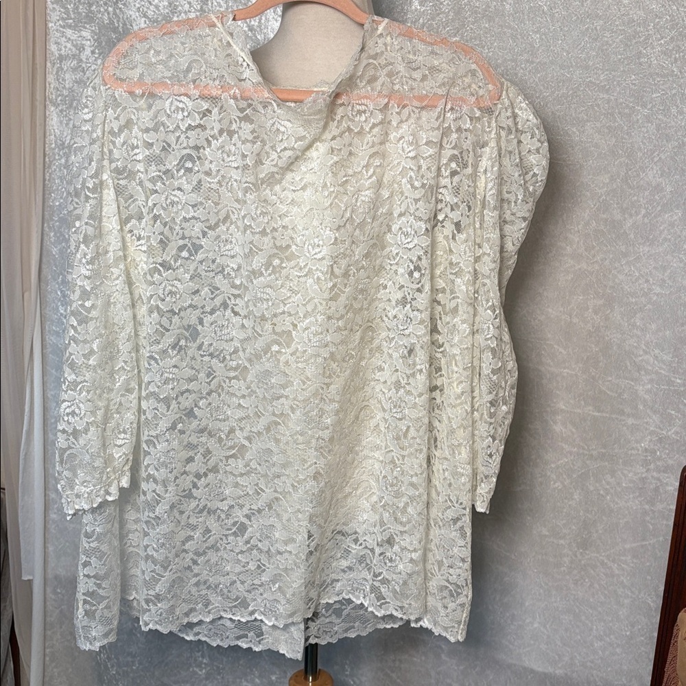 Lace Sheer Blouse puff shoulder sleeves lace trim  - color Cream Size XXL